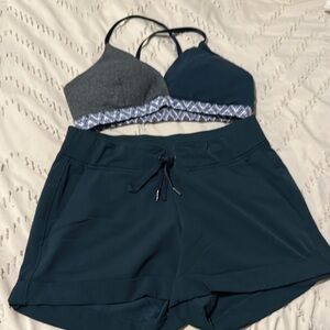 Stylish Gray and Teal Sports Bra with Matching Shorts